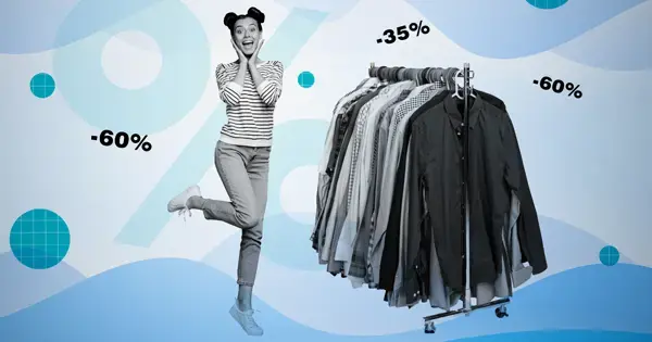 woman excited about promotional pricing standing next to clothing rack with percentage signs floating around